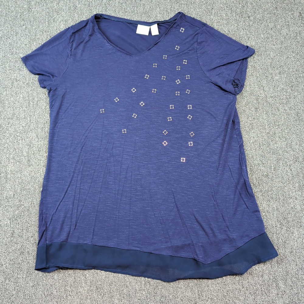 Zenergy by Chico's Modern‎ Embellished V-Neck Layered Hem Top Size 2 Navy Blue